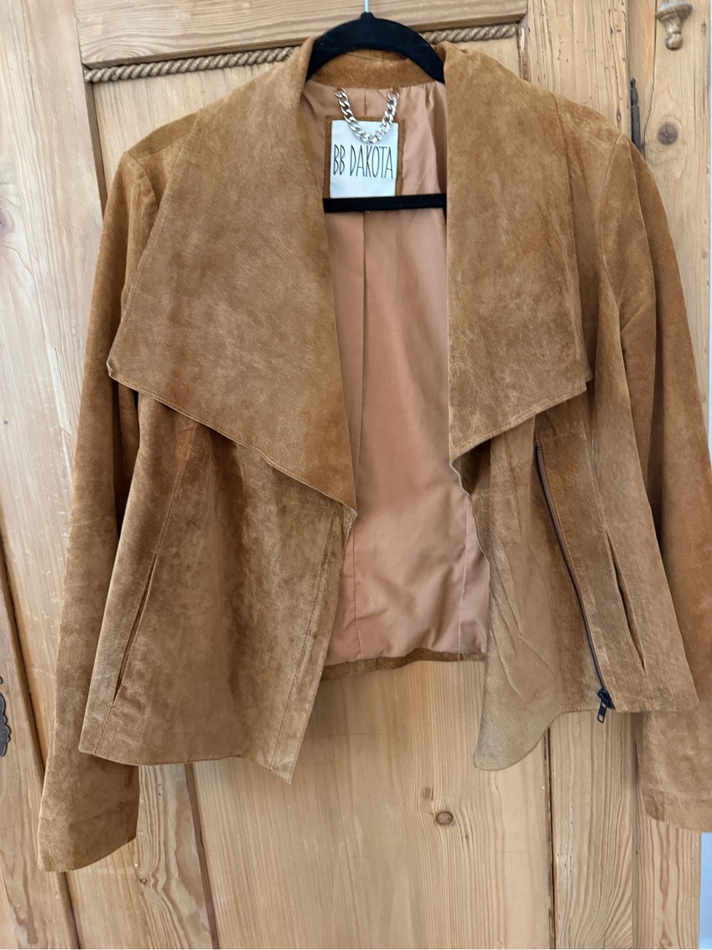 BB Dakota Suede Draped Open-Front Jacket in Camel Brown